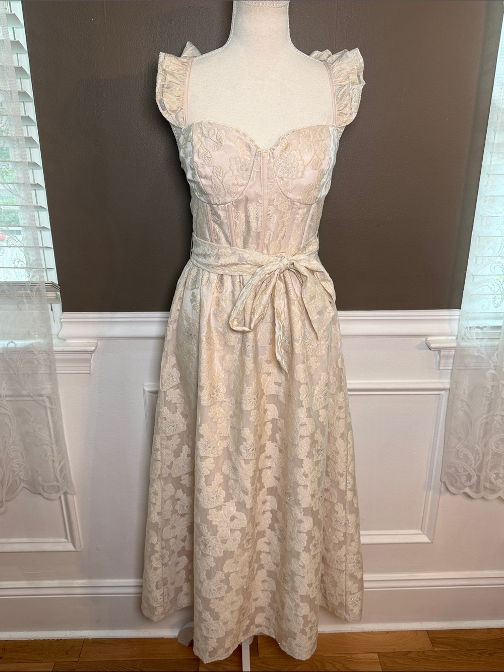 Lena Ivory Embroidered Corset Midi Dress M Bridal Coquette